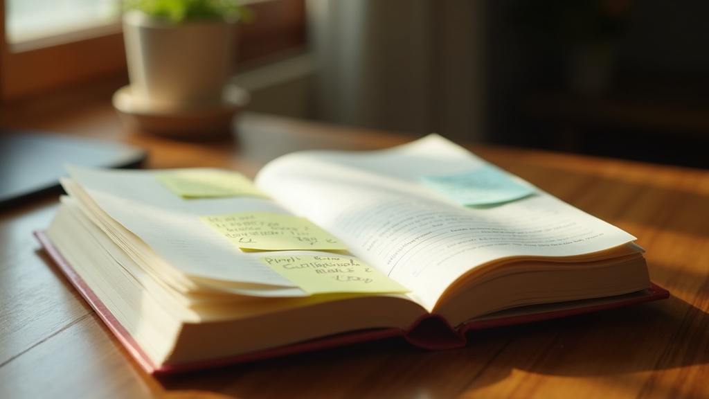 An open paper ledger on a wooden desk with sticky notes tucked between pages, warm morning light from a window.