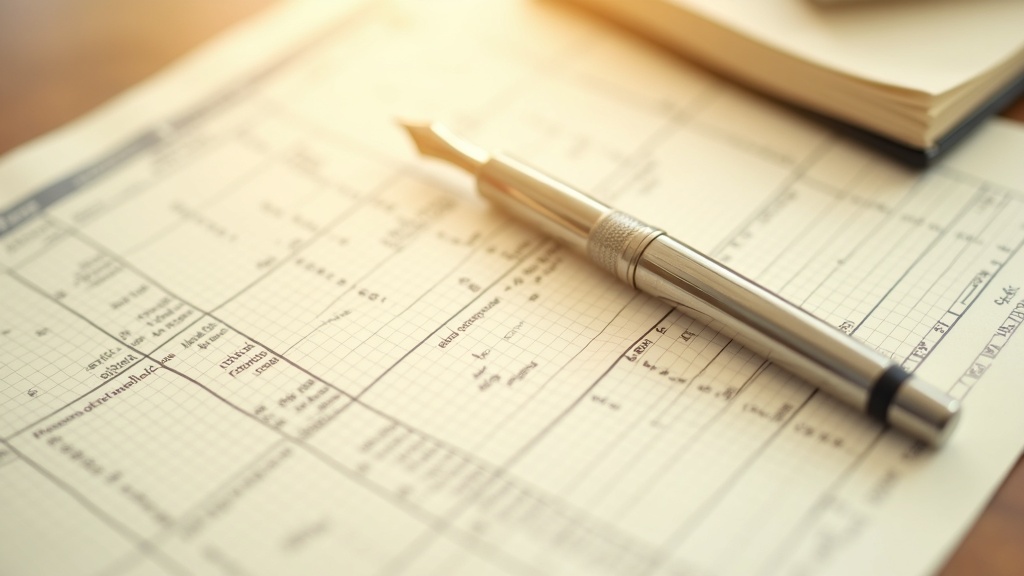 A close-up overhead of a financial spreadsheet printed on cream paper with a fountain pen across it, warm afternoon light.